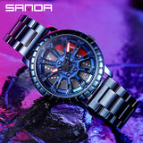 Sanda Men’s Quartz Watch – Hollow Dial, Stainless Steel Band, Waterproof Timepiece