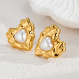 Textured Heart Pearl Stud Earrings for Women – Modern Titanium Steel Jewelry
