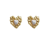 Textured Heart Pearl Stud Earrings for Women – Modern Titanium Steel Jewelry