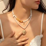 Layered Bead Shell Pendant Necklace for Women – Fashionable Alloy Jewelry