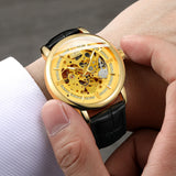 T-Winner Men’s Leather Automatic Mechanical Watch – Full Skeleton Hollow Design