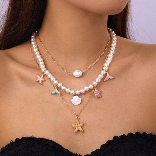 Mermaid Charm Pearl Layer Necklace for Women – Fashionable Alloy Jewelry