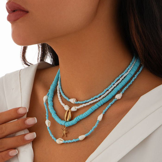 Aqua Shells Bead Cascade Necklace for Women – Fashionable Alloy Jewelry