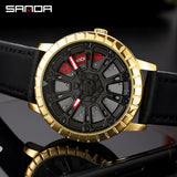 Sanda Men’s Quartz Watch – Hollow Dial, Leather Strap, Waterproof Casual Timepiece