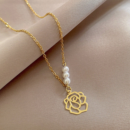 Rose Charm Pearl Trio Necklace for Women – Korean Style Titanium Steel Jewelry