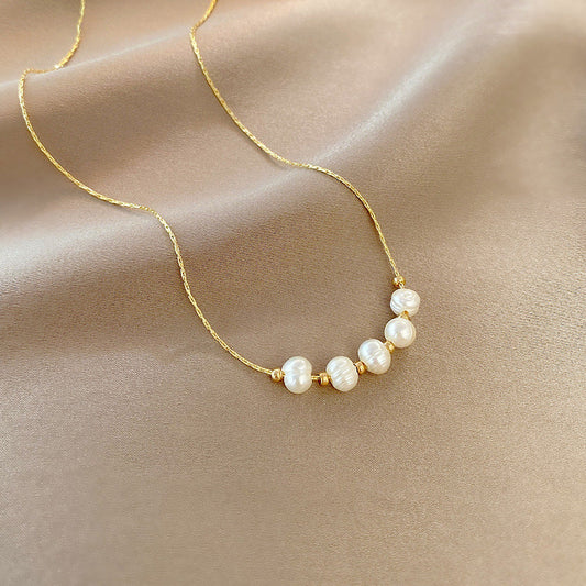 Gold Pearl Row Necklace for Women – Korean Style Titanium Steel Jewelry