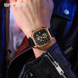 SANDA Men's Leather Square Quartz Watch – Multifunction Calendar Waterproof Timepiece