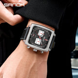 Sanda Men’s Square Quartz Watch – Luminous Calendar Leather Strap Business Wristwatch