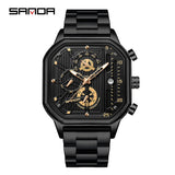 SANDA Men's Stainless Steel Square Quartz Watch – Multifunction Calendar Waterproof Timepiece