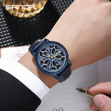 Sanda Men’s Leather Quartz Watch – Rotating Floral Dial, Casual Waterproof Timepiece