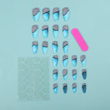 Blue Ocean Almond Press-On Nails – Mesh Design, Teardrop Style, Glossy Finish Nail Art Set