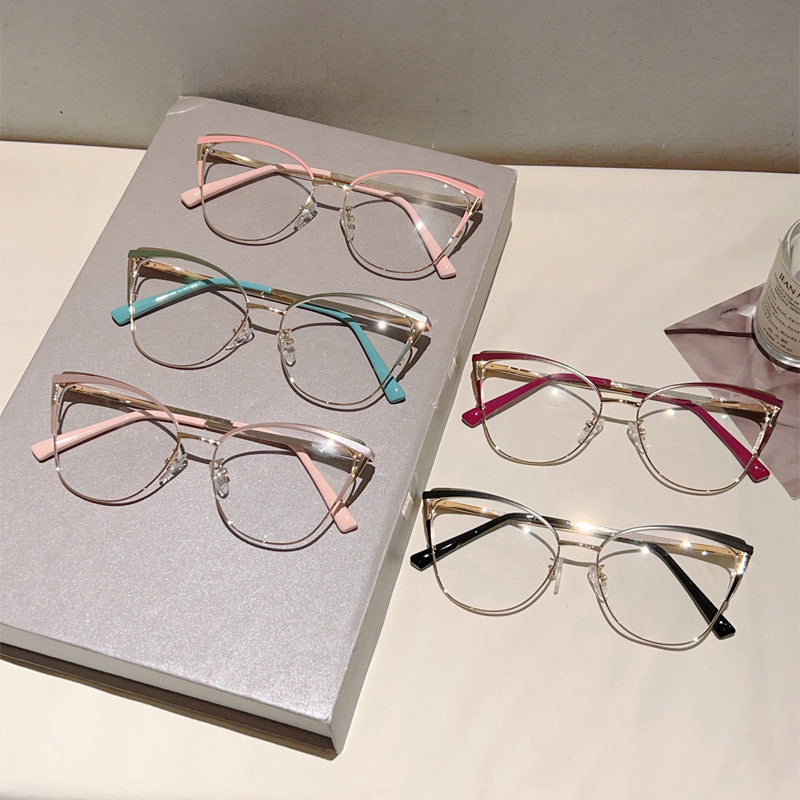 Cross-border New Cat's Eye Plain High-end Anti-blue Glasses Metal Frame Business Office Configurable Power Flat Glasses