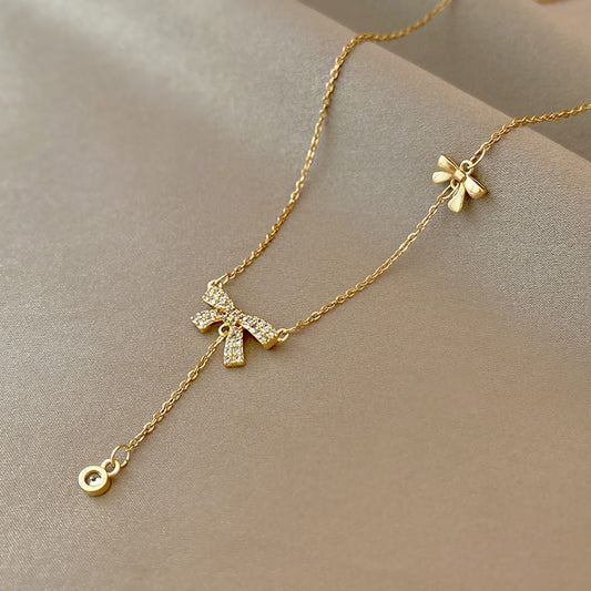 Bow and Bee Pearl Pendant Necklace for Women – Korean Style Titanium Steel Jewelry