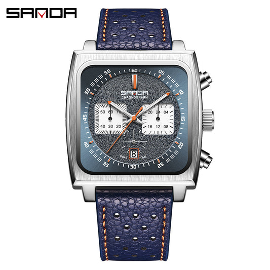 Sanda Men’s Square Quartz Watch – Luminous Calendar Leather Strap Business Wristwatch