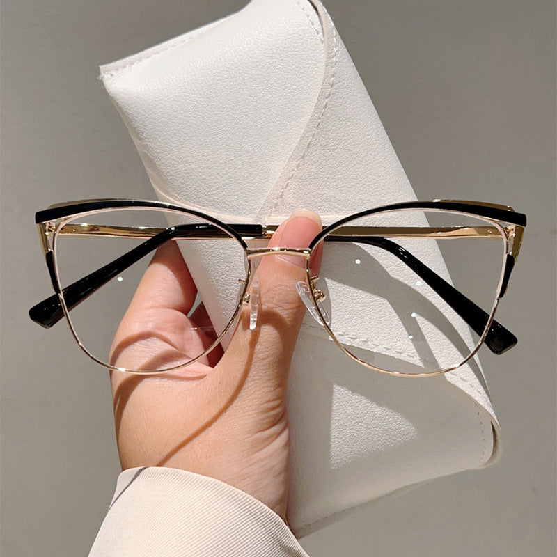 Cross-border New Cat's Eye Plain High-end Anti-blue Glasses Metal Frame Business Office Configurable Power Flat Glasses