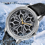 Sanda Men’s Leather Quartz Watch – Rotating Floral Dial, Casual Waterproof Timepiece