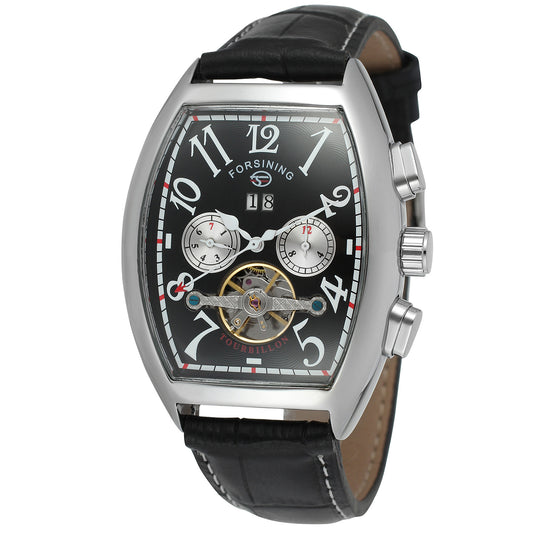 FORSINING Men's Retro Tourbillon Watch – Mechanical Barrel Dial, Leather Strap