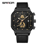SANDA Men's Leather Square Quartz Watch – Multifunction Calendar Waterproof Timepiece