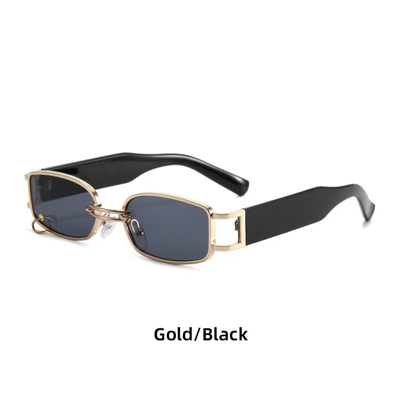 Retro Modern Sunglasses, Anti-Uv Sunglasses, Metal Small Frame Glasses for Men and Women, Avant-Garde Hanging Ring Chain, High-End