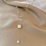 Floral Pearl Accent Necklace for Women – Korean Style Titanium Steel Jewelry