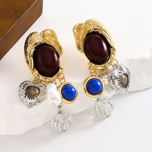 Retro Pearl Gemstone Earrings for Women – Oval Geometric Statement Jewelry