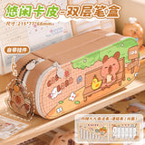 Pu Double-Layer Large-Capacity Pencil Case with Cartoon Capybara Theme, Pencil Box for Primary and Secondary School Students, Stationery Storage Bag with Compartments