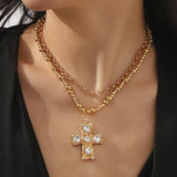 Exaggerated Cross Pendant Necklace – Rhinestone Layered Chain Jewelry for Women