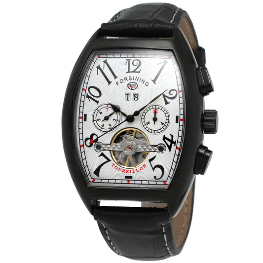 FORSINING Men's Retro Tourbillon Watch – Mechanical Barrel Dial, Leather Strap