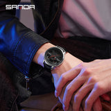 SANDA Men’s Leather Strap Quartz Watch – Car Wheel Inspired Waterproof Wristwatch