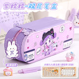 Pu Double-Layer Large-Capacity Pencil Case with Cartoon Capybara Theme, Pencil Box for Primary and Secondary School Students, Stationery Storage Bag with Compartments
