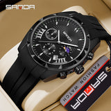 SANDA Men's Silicone Sports Watch – Waterproof Quartz with Calendar & Three-Eye Design