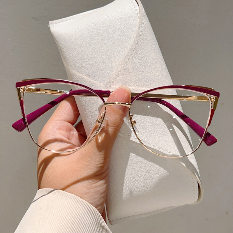 Cross-border New Cat's Eye Plain High-end Anti-blue Glasses Metal Frame Business Office Configurable Power Flat Glasses