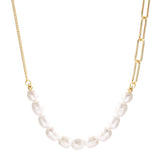 Korean Style Pearl Strand Necklace for Women – Rectangular Link Titanium Steel Jewelry