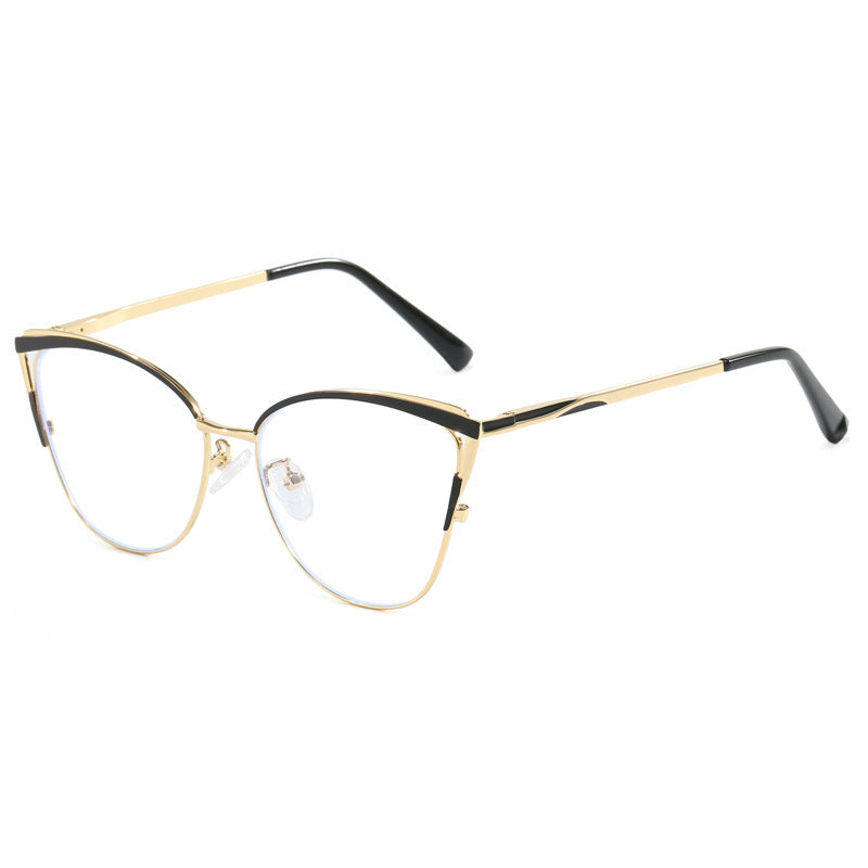 Cross-border New Cat's Eye Plain High-end Anti-blue Glasses Metal Frame Business Office Configurable Power Flat Glasses