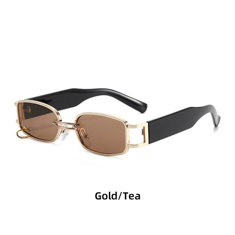 Retro Modern Sunglasses, Anti-Uv Sunglasses, Metal Small Frame Glasses for Men and Women, Avant-Garde Hanging Ring Chain, High-End
