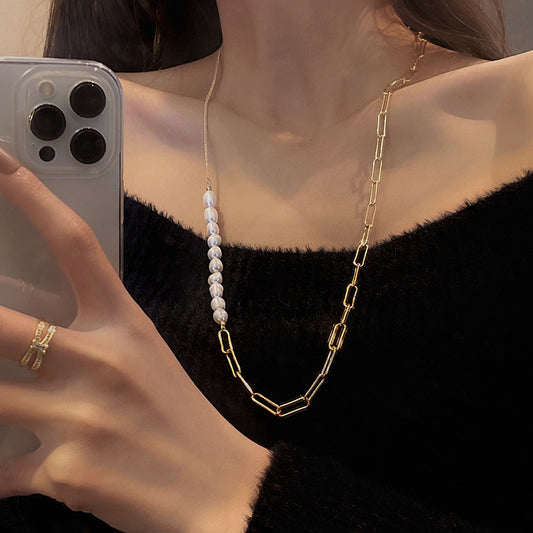 Korean Style Pearl Strand Necklace for Women – Rectangular Link Titanium Steel Jewelry