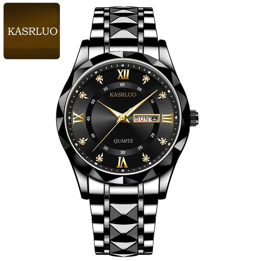 Stainless Steel Men's Watch – Roman Numerals, Rhinestones, Luminous Dial (Black)