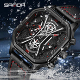 SANDA Men's Retro Square Quartz Watch – Waterproof Luminous Calendar Leather Strap