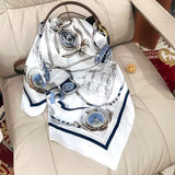 Quecy Women’s Satin Square Scarf – Marine Vintage Print, Stylish Neck Accessory