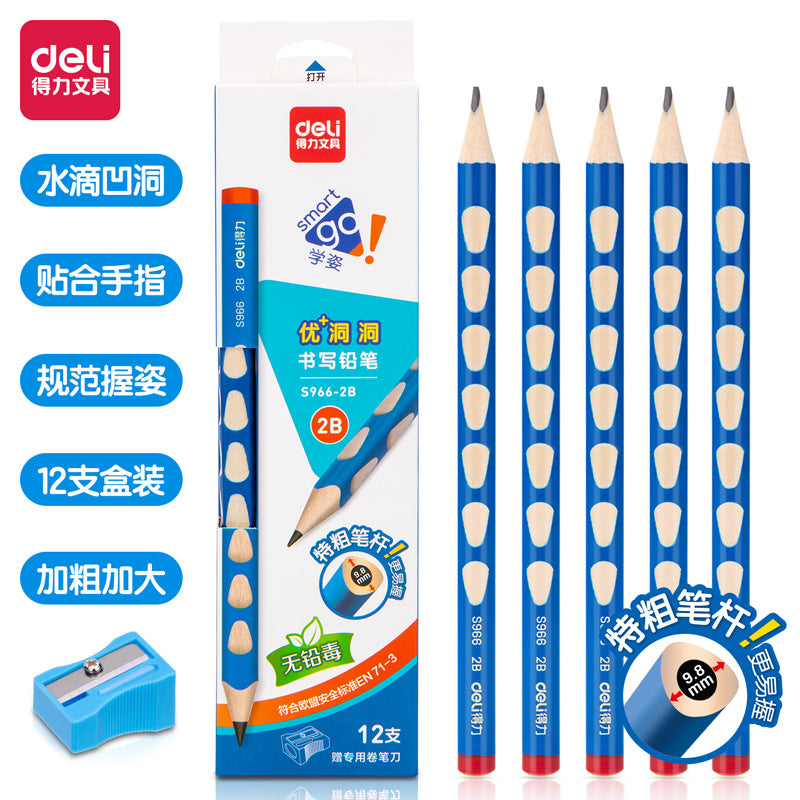 Deli elementary school student non-toxic hole pencil first grade kindergarten hb thick rod 2b hole pen triangle Rod wholesale