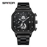 SANDA Men's Stainless Steel Square Quartz Watch – Multifunction Calendar Waterproof Timepiece