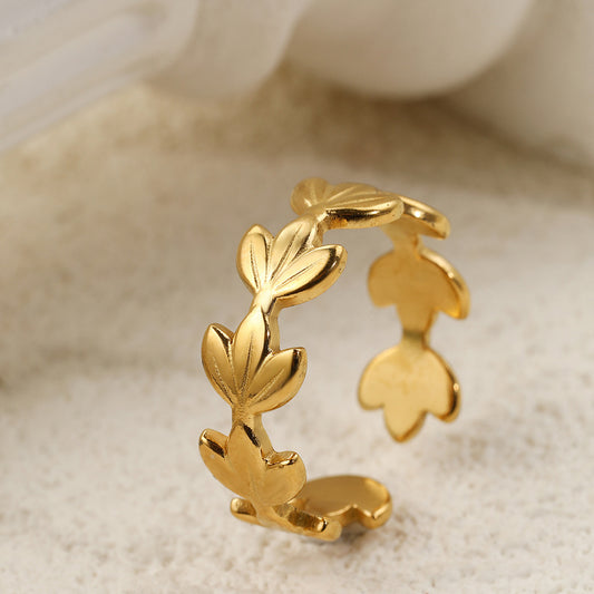 Gold Petal Stainless Steel Ring for Women – Adjustable Non-Fading Fashion Jewelry