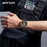 SANDA Men's Square Quartz Watch – Luminous Calendar Waterproof Stainless Steel Strap