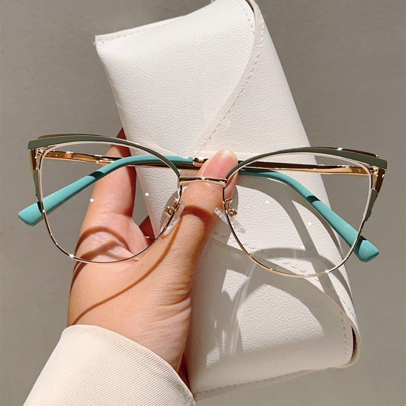 Cross-border New Cat's Eye Plain High-end Anti-blue Glasses Metal Frame Business Office Configurable Power Flat Glasses