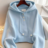 Unique and Chic Blue Hooded Drawstring Knit Sweatshirt, Autumn Korean Style, Lazy Fashion, Stylish and Comfortable Base Shirt