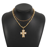 Exaggerated Cross Pendant Necklace – Rhinestone Layered Chain Jewelry for Women