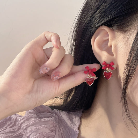 S925 silver needle red bow stud earrings 2024 new trendy lovely earrings ins style South Korea design earrings