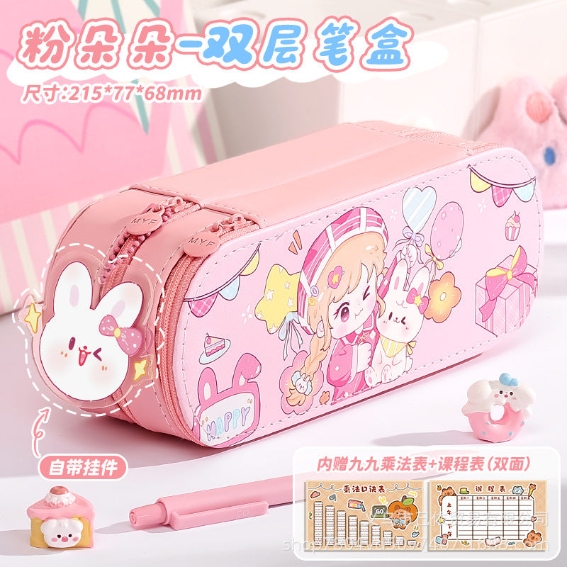 Pu Double-Layer Large-Capacity Pencil Case with Cartoon Capybara Theme, Pencil Box for Primary and Secondary School Students, Stationery Storage Bag with Compartments