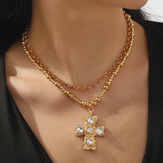 Exaggerated Cross Pendant Necklace – Rhinestone Layered Chain Jewelry for Women