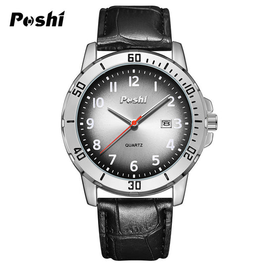 POSHI Men's Leather Strap Watch – Waterproof Quartz, Date Display, Luminous Dial